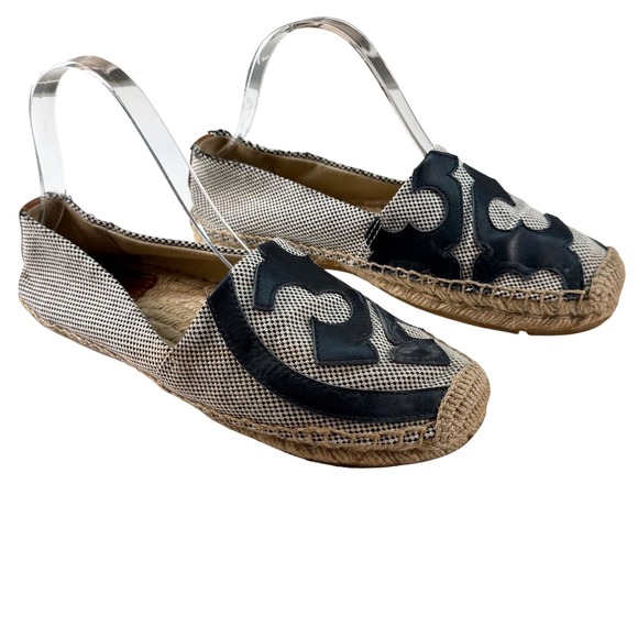 Tory‎ Burch Logo Espadrille Flats Black Cream Womens Size 7.5 - Picture 2 of 8